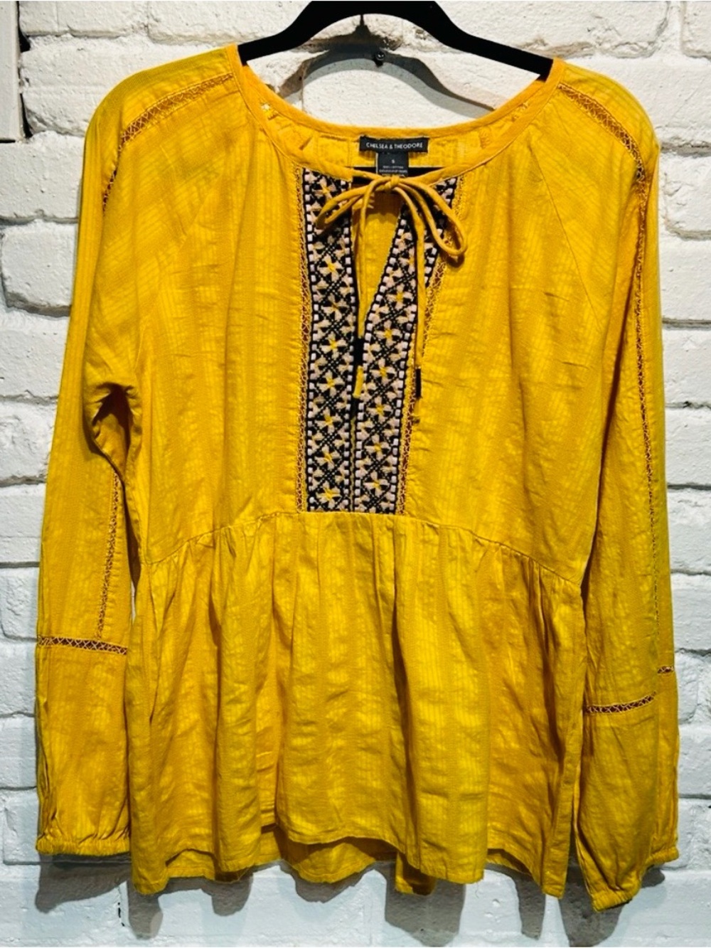 Chelsea & Theodore Mustard Embroidered Boho Peasant Blouse S - Picture 3 of 6